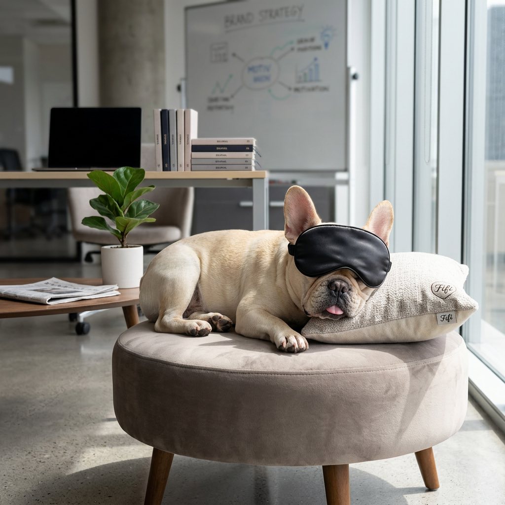 Fifi the French Bulldog wearing a sleep mask